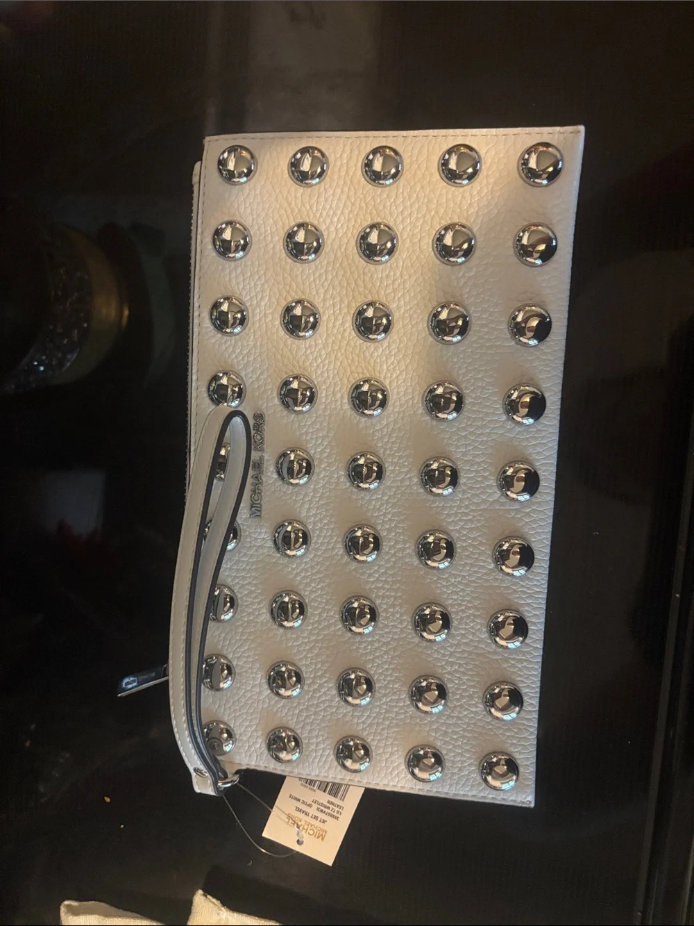 Michael Kors White Pebbled Leather Studded Wristlet Clutch with Silver Studs